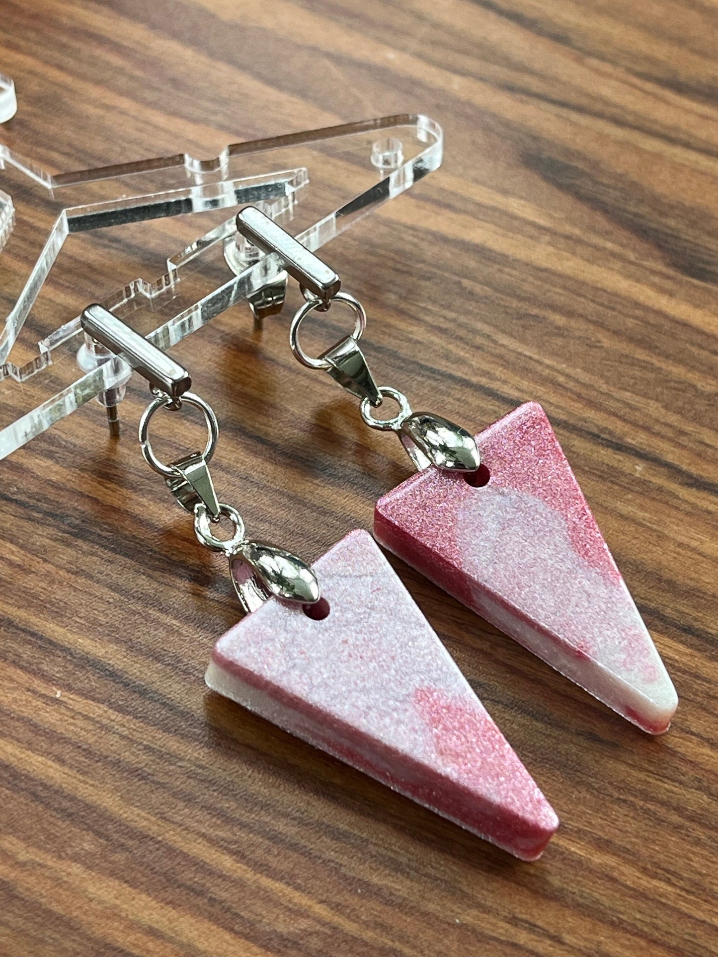 Pink and Pearl White Triangle shaped Earrings with Stainless Steel Stud fixings.