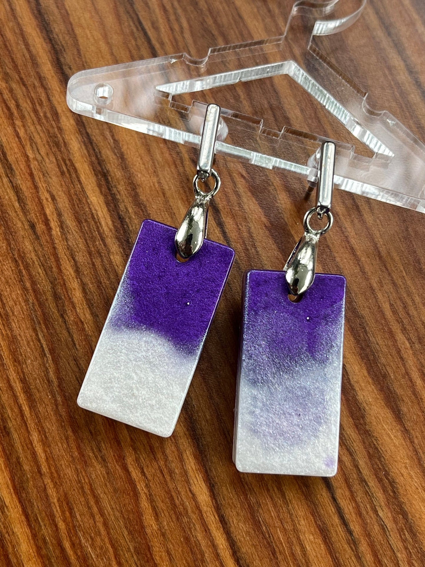 Purple and Pearl White Short Rectangle Shape earrings with Stainless Steel Stud fixings