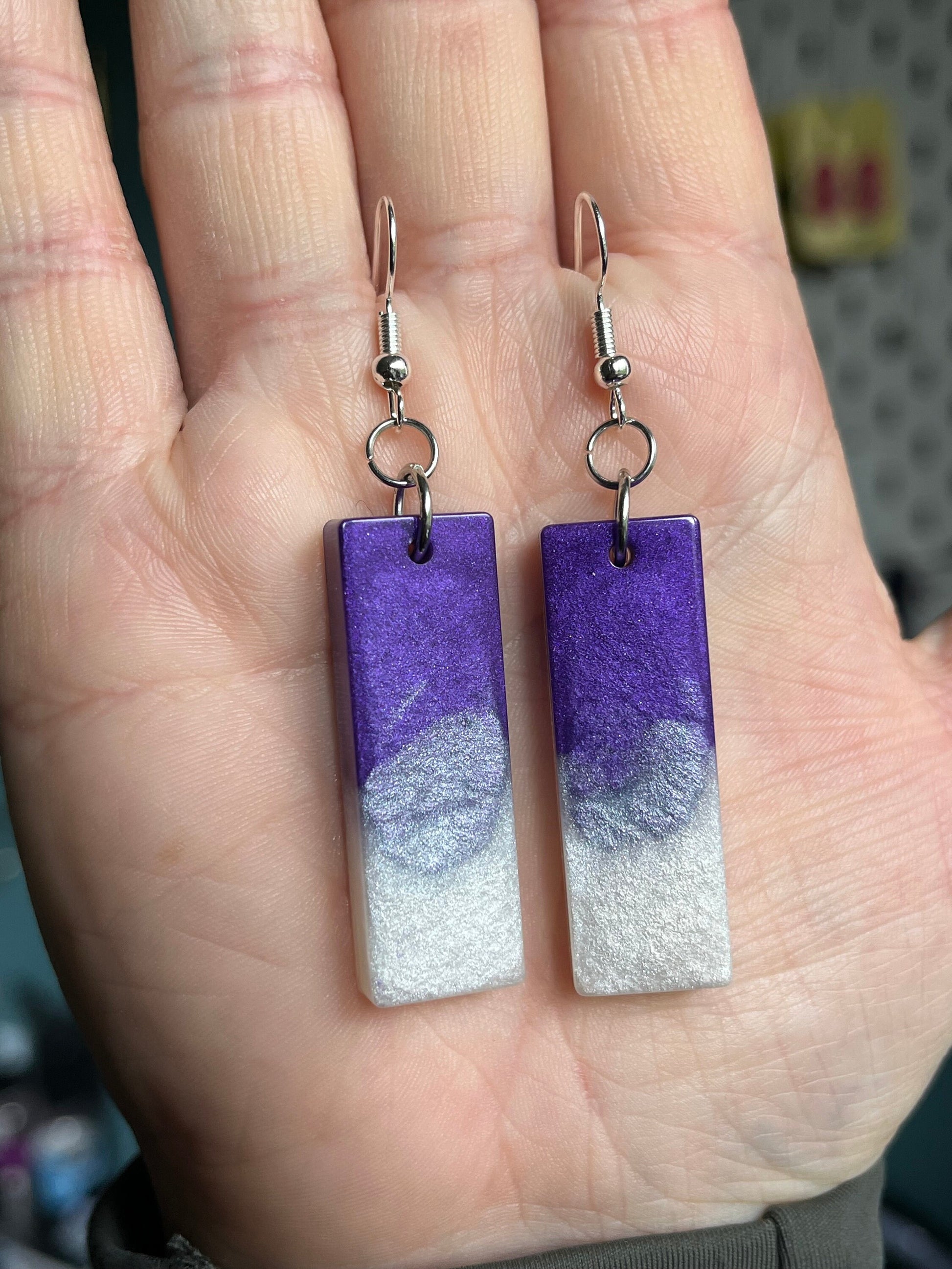 Purple and Pearl White Medium Rectangle Shape earrings with Stainless Steel Fishhook fixings