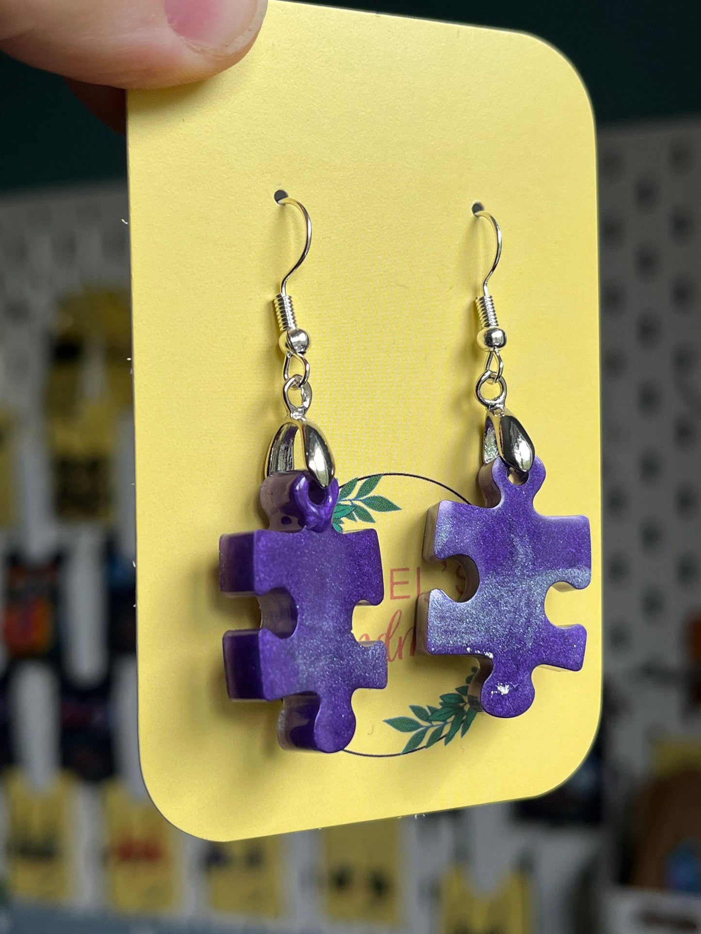 Purple and Pearl white Jigsaw shape Dangle earrings with Stainless steel fishhook fixings