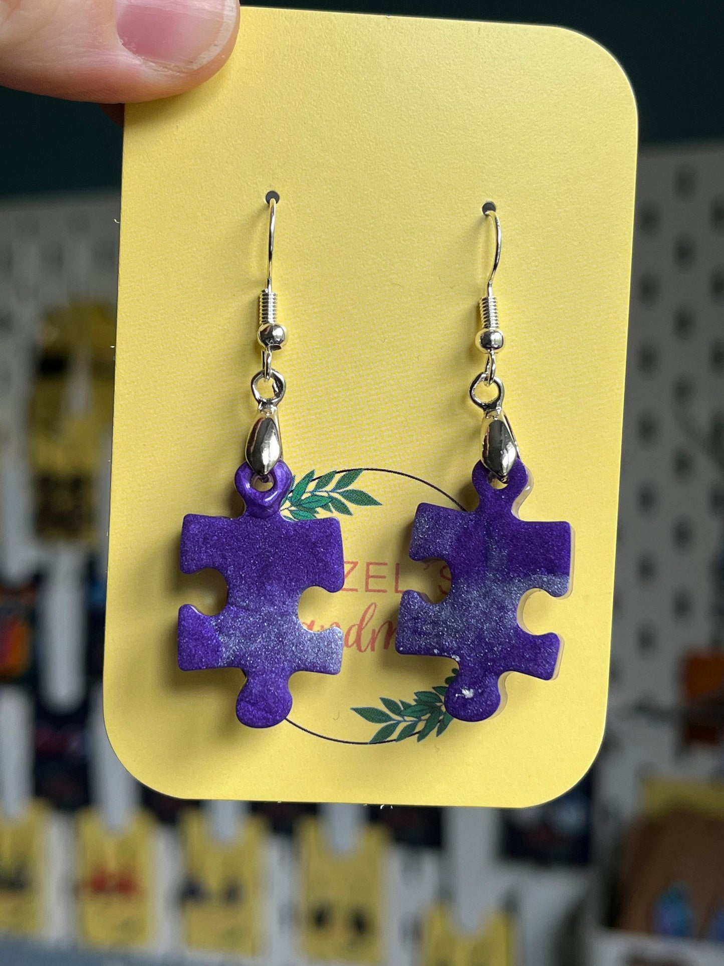 Purple and Pearl white Jigsaw shape Dangle earrings with Stainless steel fishhook fixings