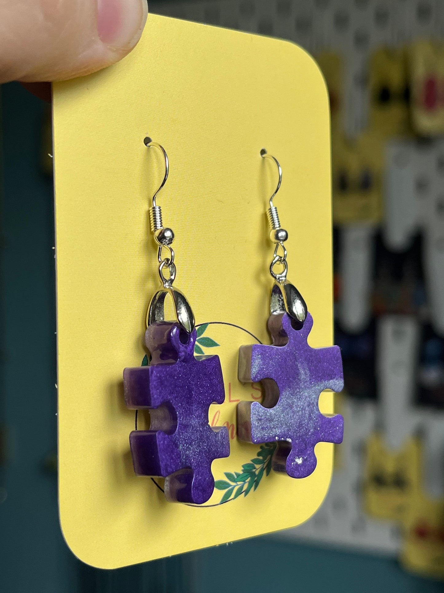 Purple and Pearl white Jigsaw shape Dangle earrings with Stainless steel fishhook fixings