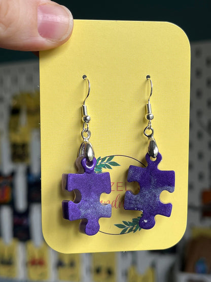 Purple and Pearl white Jigsaw shape Dangle earrings with Stainless steel fishhook fixings