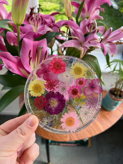 Clear Drinks Coaster with Dried flowers and Glitter