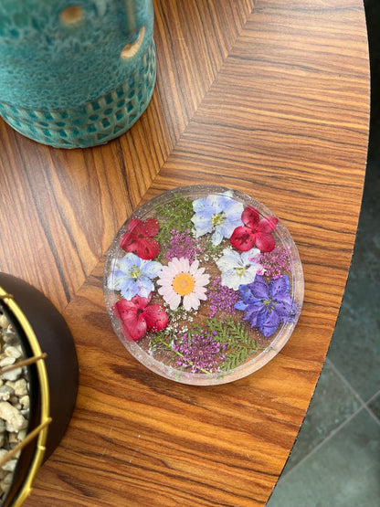 Clear Drinks Coaster with Dried flowers and Glitter