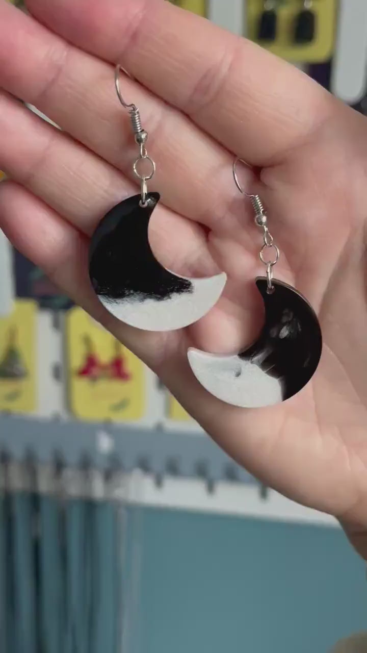 Black and White Moon shaped Earrings with Silver loop findings