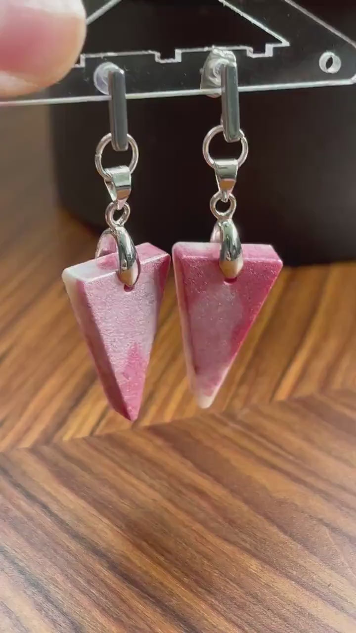 Pink and Pearl White Triangle shaped Earrings with Stainless Steel Stud fixings.