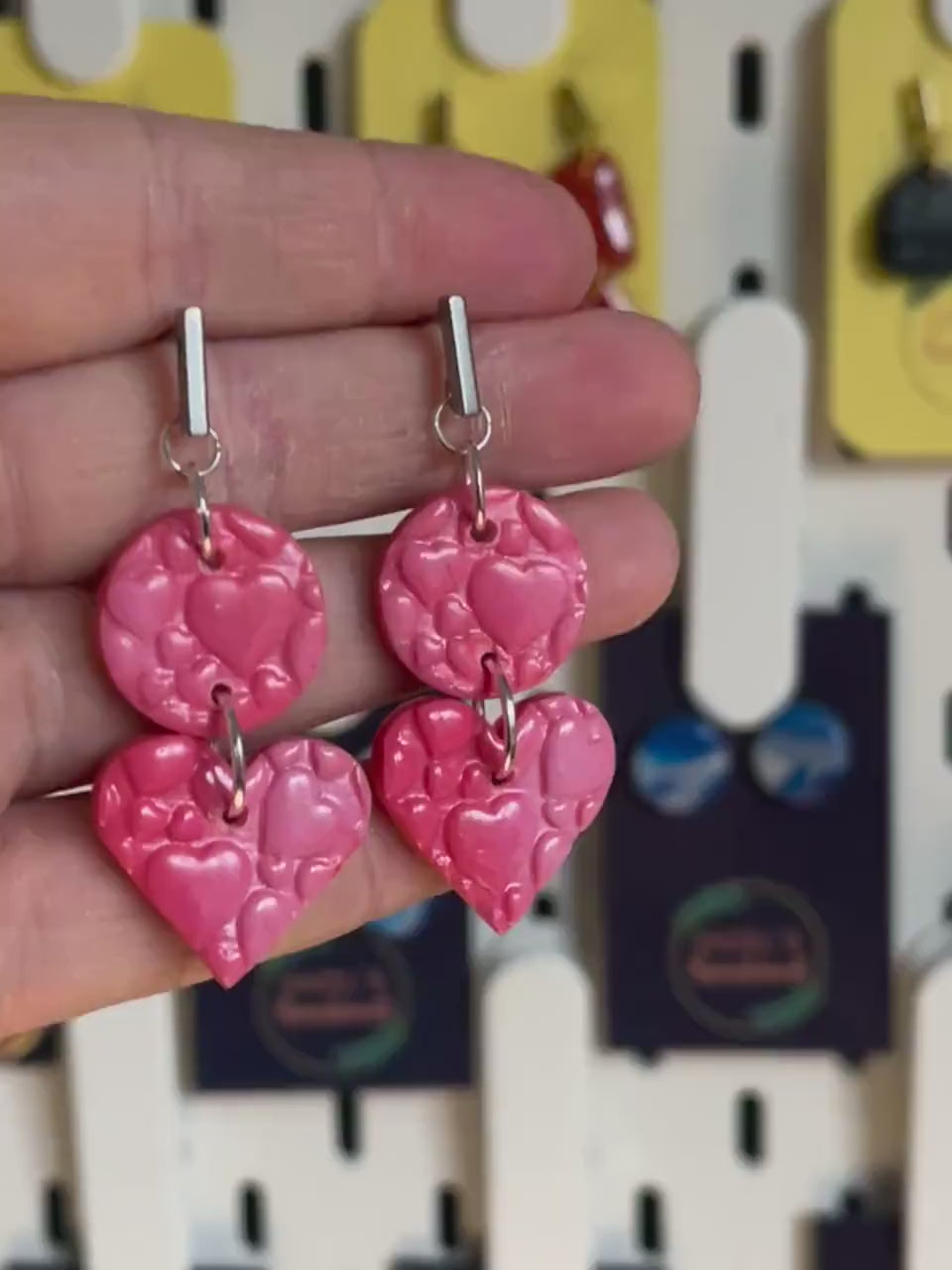 Valentines themed, Pink Circle and Heart shaped earrings with Embossed Love Hearts