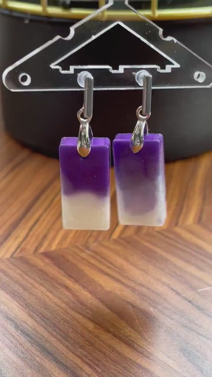 Purple and Pearl White Short Rectangle Shape earrings with Stainless Steel Stud fixings