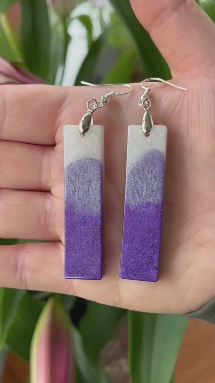 Purple and Pearl White Long Rectangle Shape earrings with Stainless Steel Fishhook fixings