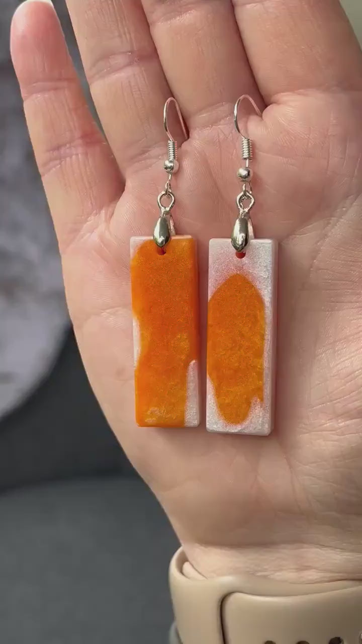 Orange and Pearl White Rectangle shaped Earrings with Silver Loop Fixings.